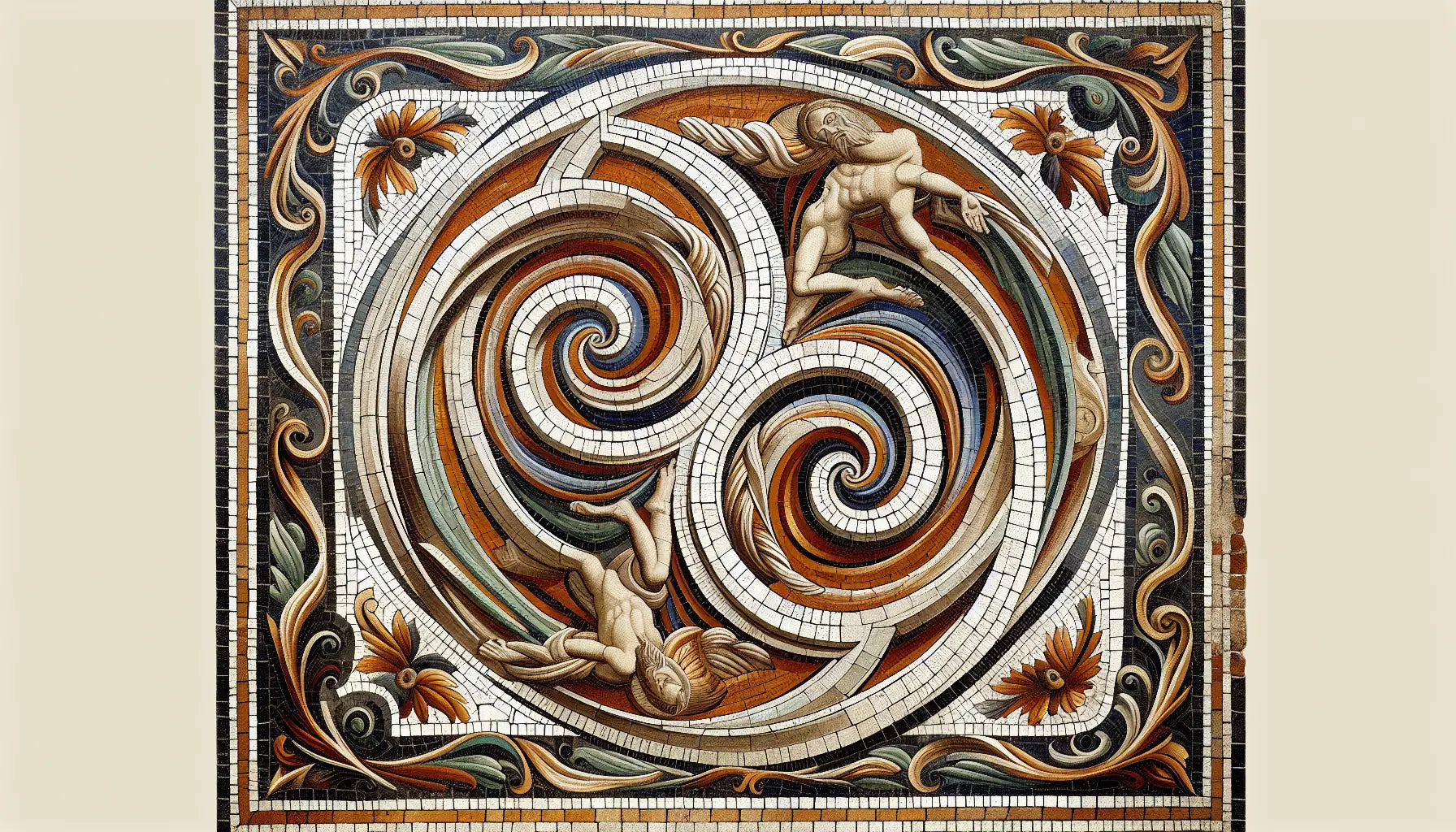 Abstrahierte römische Darstellung von Petrus kopfüber Kreuzigung in klassischer Architektur als Mosaik in Rotbraun und Gold