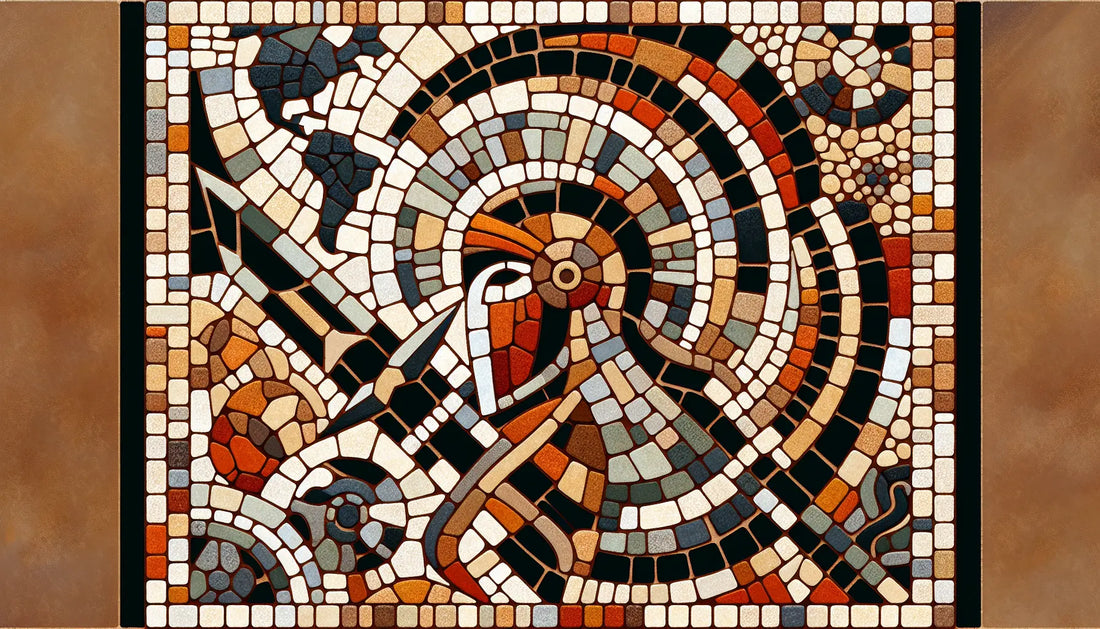 Abstraktes römisches Soldatenornament und stilisierte Landformen als Bodenmosaik in rotbraun gold ocker blau