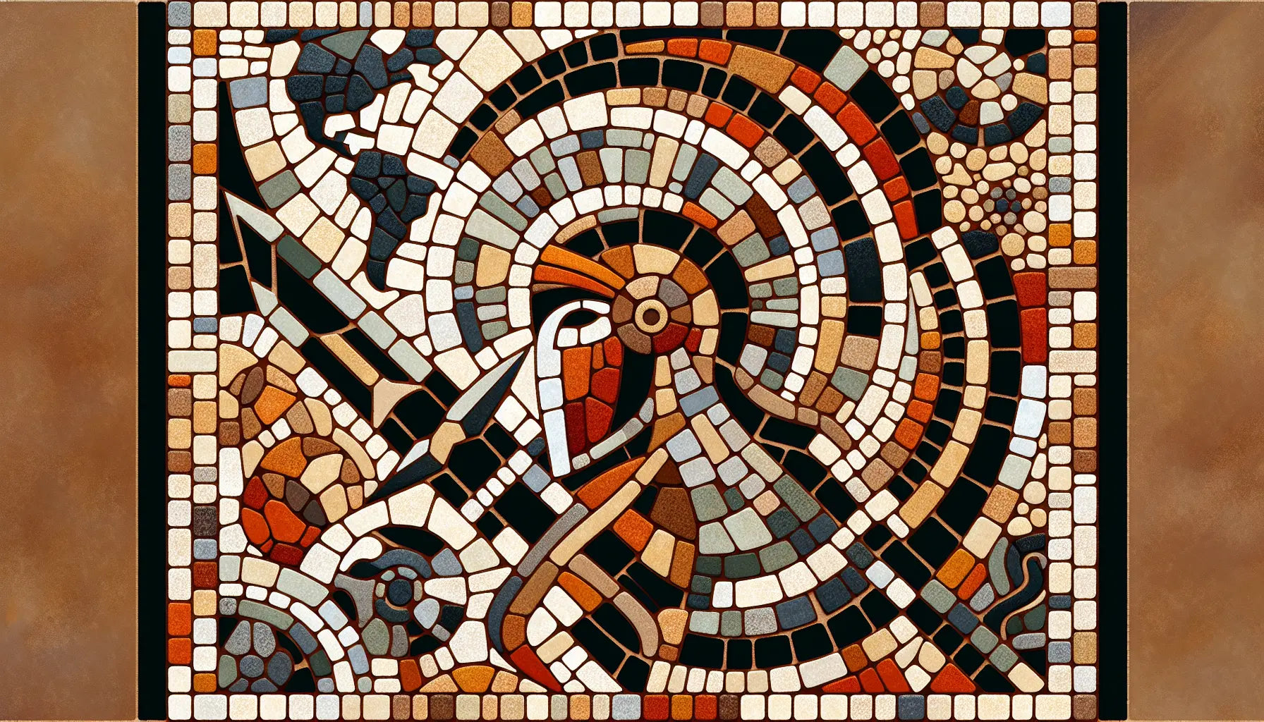 Abstraktes römisches Soldatenornament und stilisierte Landformen als Bodenmosaik in rotbraun gold ocker blau