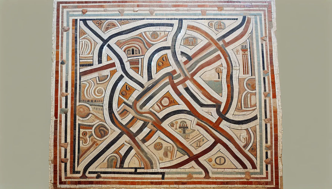 Stilisierte Karte des römischen Straßennetzes in Europa als antikes Mosaik aus Rotbraun Ocker und Blau auf hellem Stein