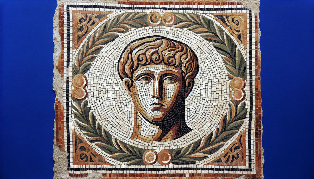 Stilisiertes Porträt von Romulus Augustulus im antiken Mosaikstil in gedeckten Erdfarben und goldenen Details