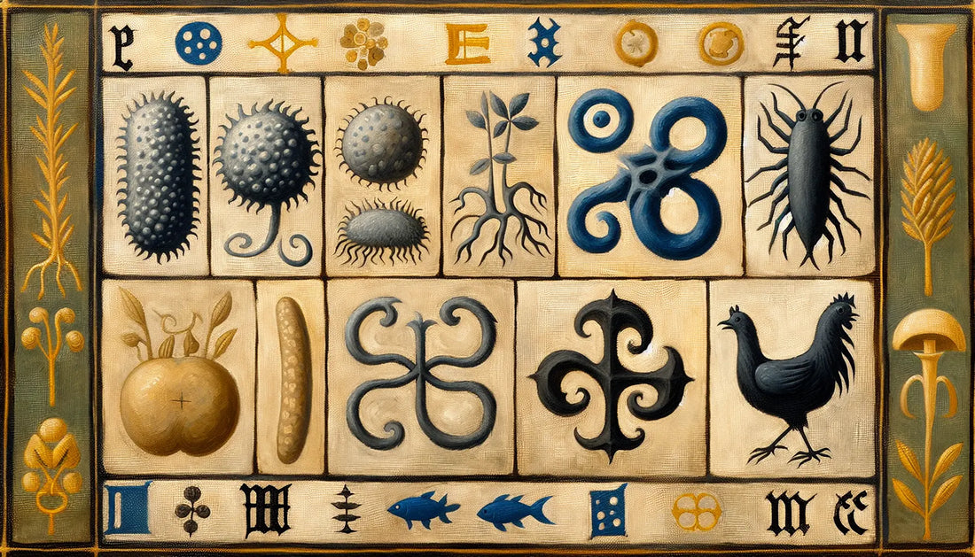 Sechs mittelalterliche Symbole für Archaea Bakterien Protisten Pilze Pflanzen Tiere grob gemalt auf hellem Leinenhintergrund