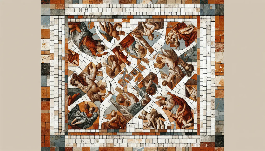 Abstrahierte Sixtinische Kapelle als römisches Bodenmosaik in Rotbraun Ocker und Blau