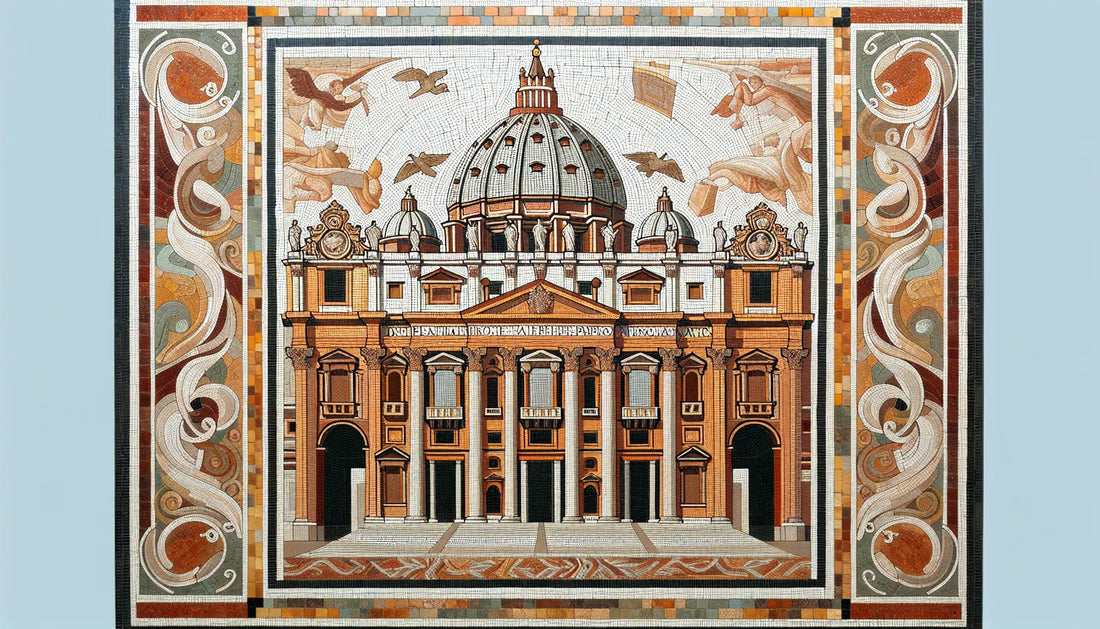 Stilisierte Darstellung der St Peters Basilika als antikes römisches Bodenmosaik ohne Menschen in Erdfarben