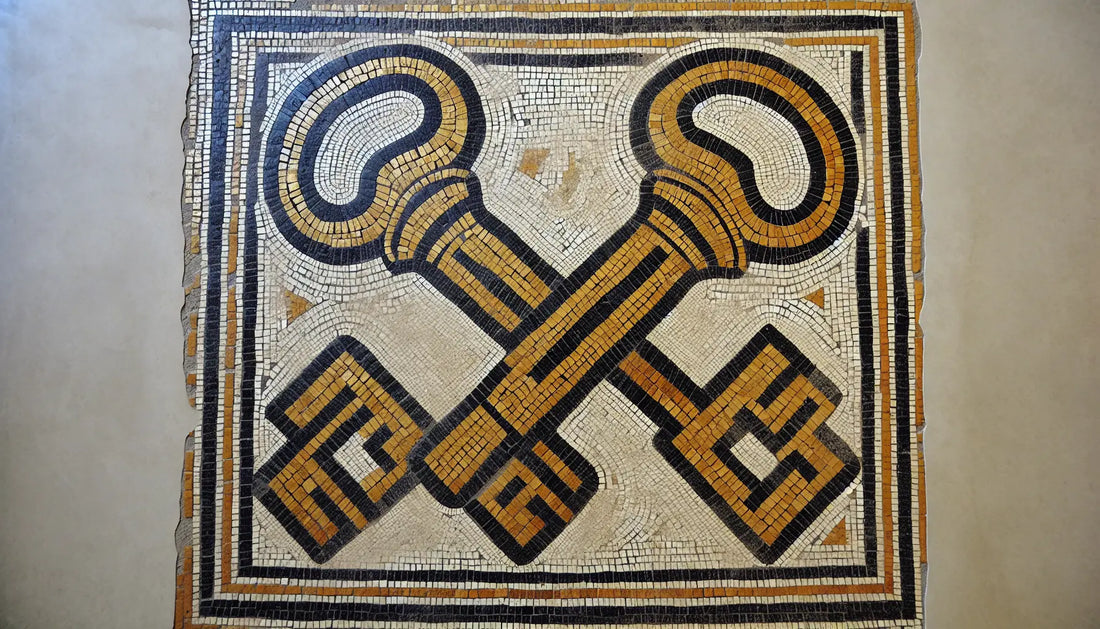 Antikes Mosaik mit stilisierten goldenen Schlüsseln auf hellem Terracotta Hintergrund