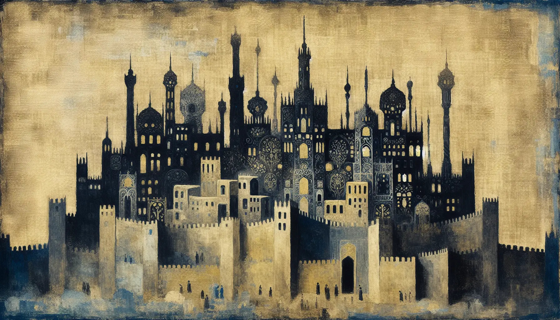 Mittelalterliche stilisierte Stadtsilhouette in Schwarz und Stahlgrau auf hellem Leinenhintergrund mit blauen und gelben Akzenten