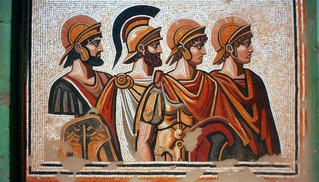 Symbolische Darstellung römischer Helme und Schilde als Ornamente in Rotbraun Ocker und Gold auf hellem Steinmosaik