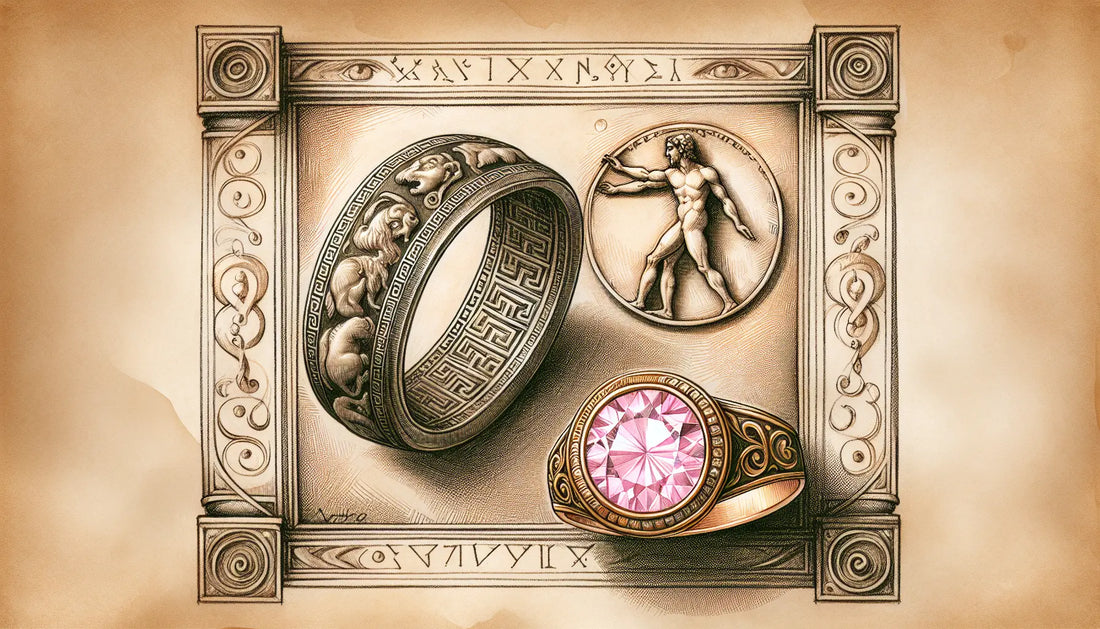Antiker griechischer Bronze-Ring mit mythologischen Gravuren neben modernem pinkem Diamantring skizziert in dunklem Bleistift