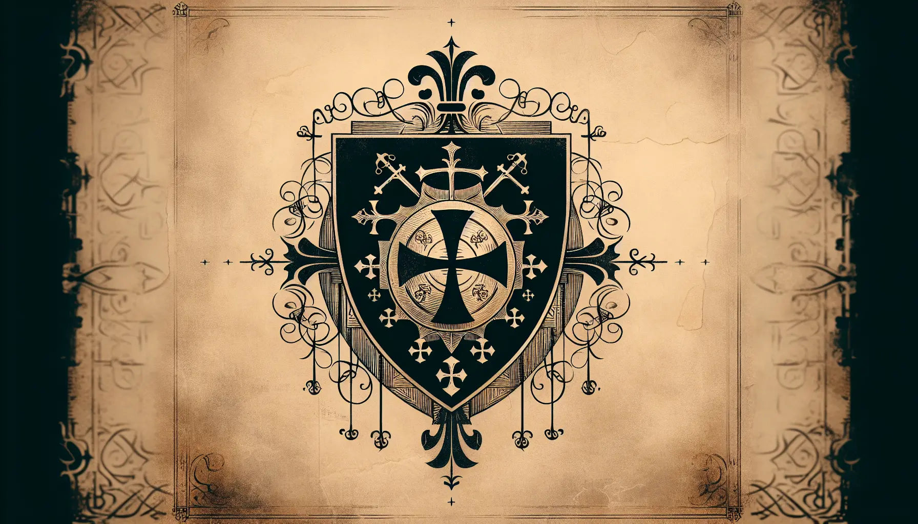 Mittelalterlicher Ritterhelm und Schild mit religiösen Symbolen als zeichnerische Skizze auf Pergament