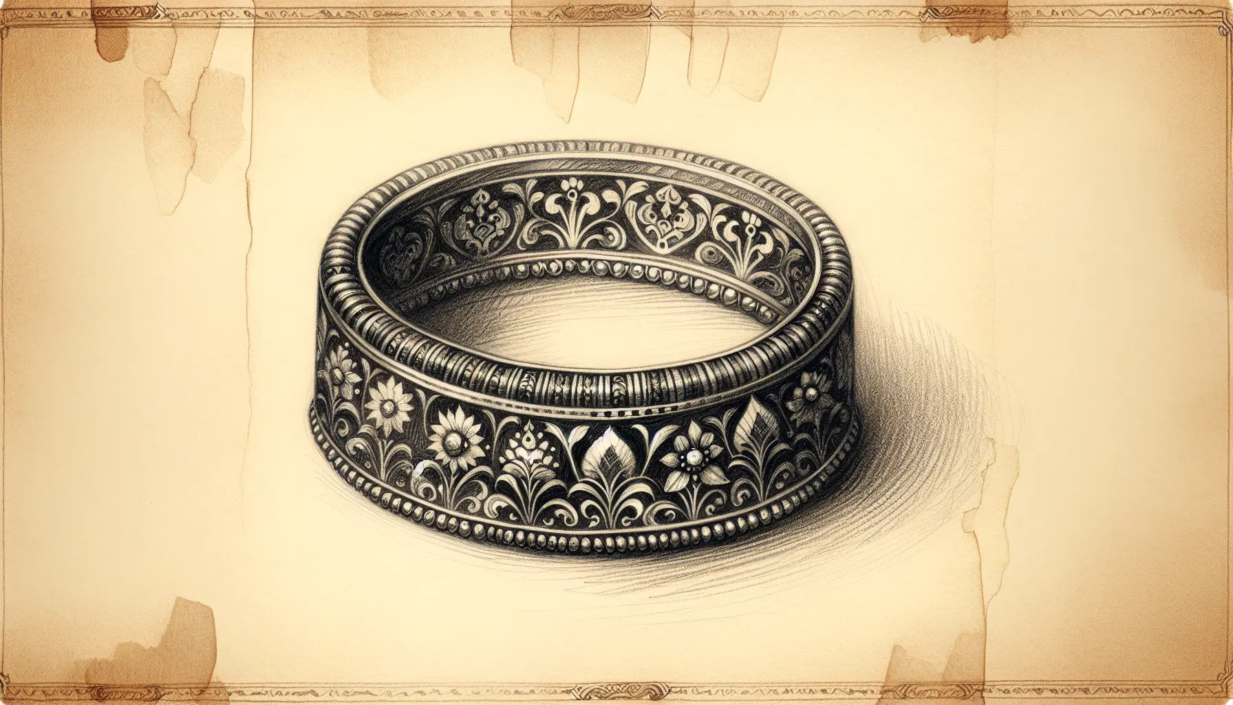 Eleganter südindischer Armreif mit floralen tiermotiven als Bleistiftskizze auf pergamentartigem Hintergrund mit goldenen Akzenten