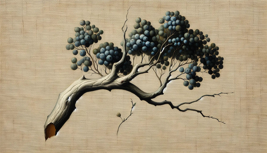 Eucalyptus tree branch in rough medieval oil style with blue highlights on ivory background