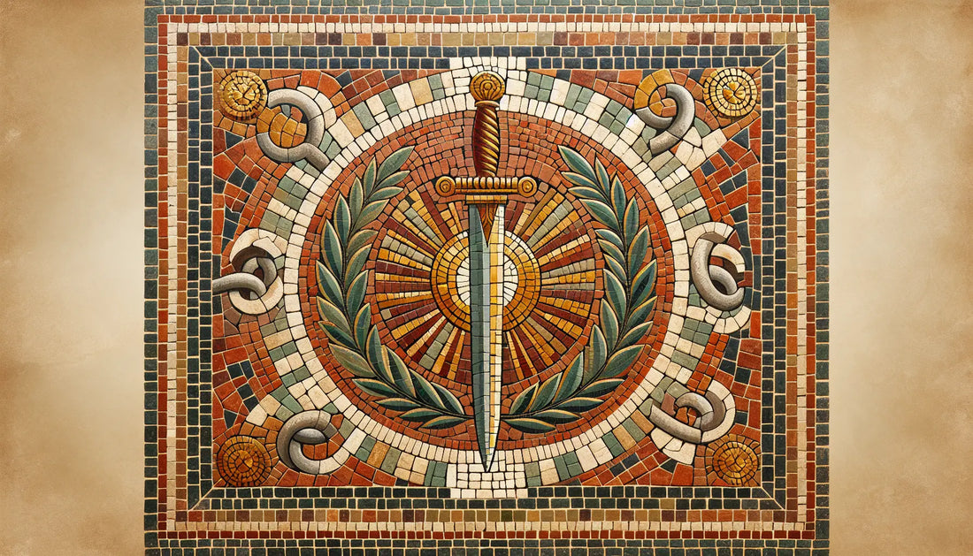 Römisches Gladius Schwert mit Lorbeerkranz und Kettenfragmenten als Mosaik in Rotbraun Ocker und Gold auf steiniger Terracotta Fläche