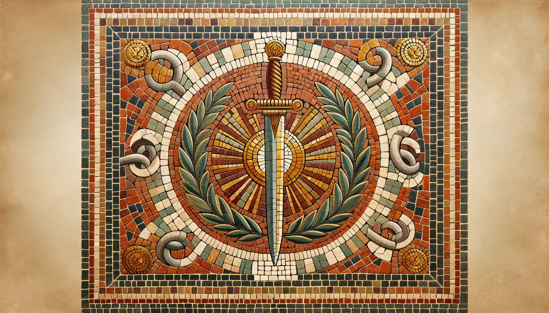 Römisches Gladius Schwert mit Lorbeerkranz und Kettenfragmenten als Mosaik in Rotbraun Ocker und Gold auf steiniger Terracotta Fläche