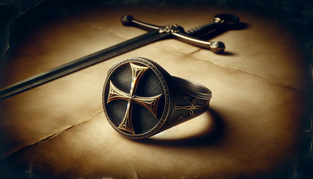 Mittelalterlicher Tempelritter Ring mit Kreuz pattée liegend auf gealtertem Pergament mit Schwertgriffen im Aurora Antiqua Stil