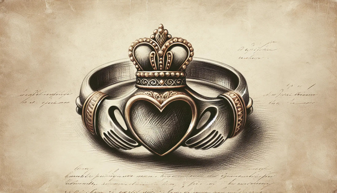 Traditioneller Claddagh-Ring als Bleistiftskizze auf hellem Pergament mit goldenen Akzenten an Herz und Krone