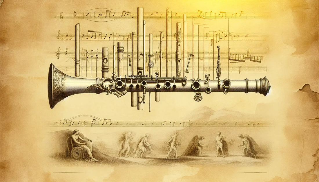Ein antikes Musikinstrument als Bleistiftskizze auf pergamentartigem Hintergrund mit goldenen Akzenten