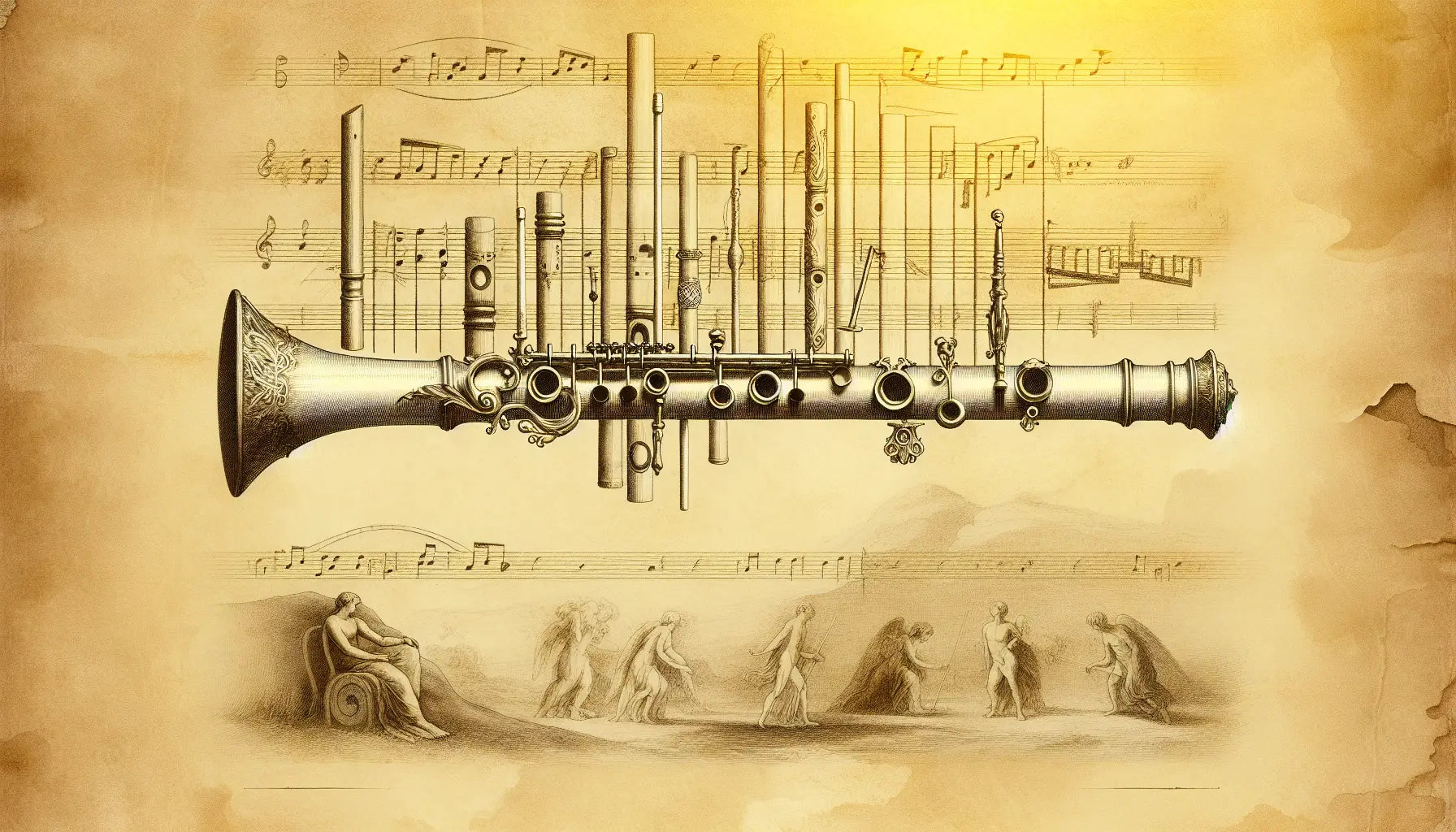Ein antikes Musikinstrument als Bleistiftskizze auf pergamentartigem Hintergrund mit goldenen Akzenten