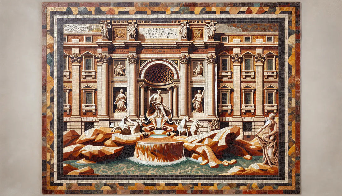 Stilisiertes Mosaik des Trevi-Brunnens in Rotbraun Ocker Tintenblau und Gold auf hellem Stein mit leichter Patina