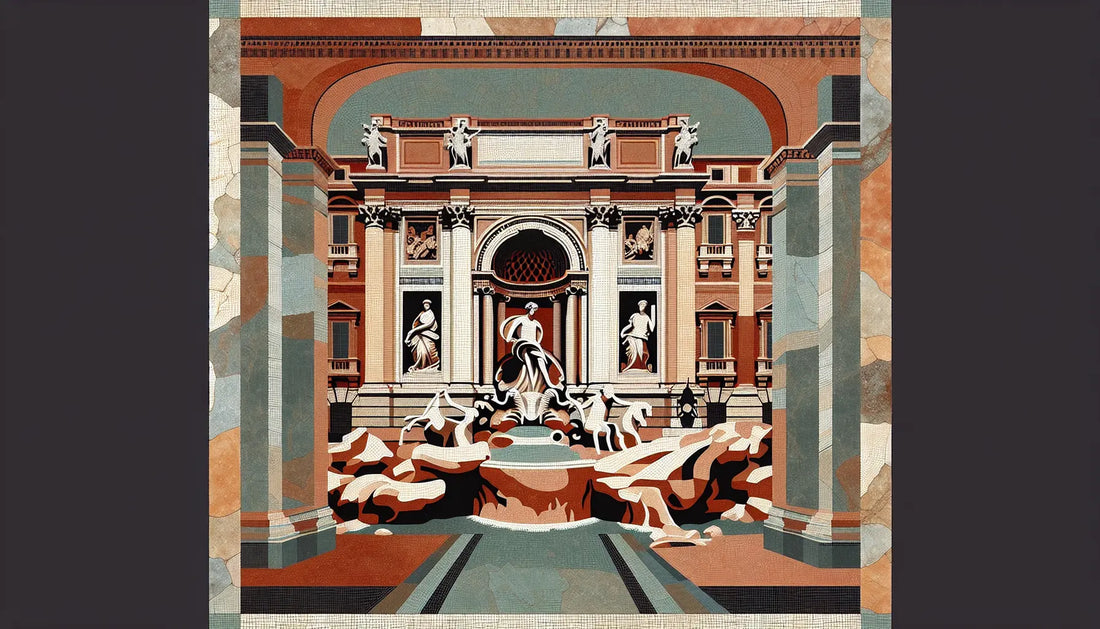 Römisches Bodenmosaik des Trevi-Brunnens bei Dämmerung mit historischer Architektur ohne Menschen