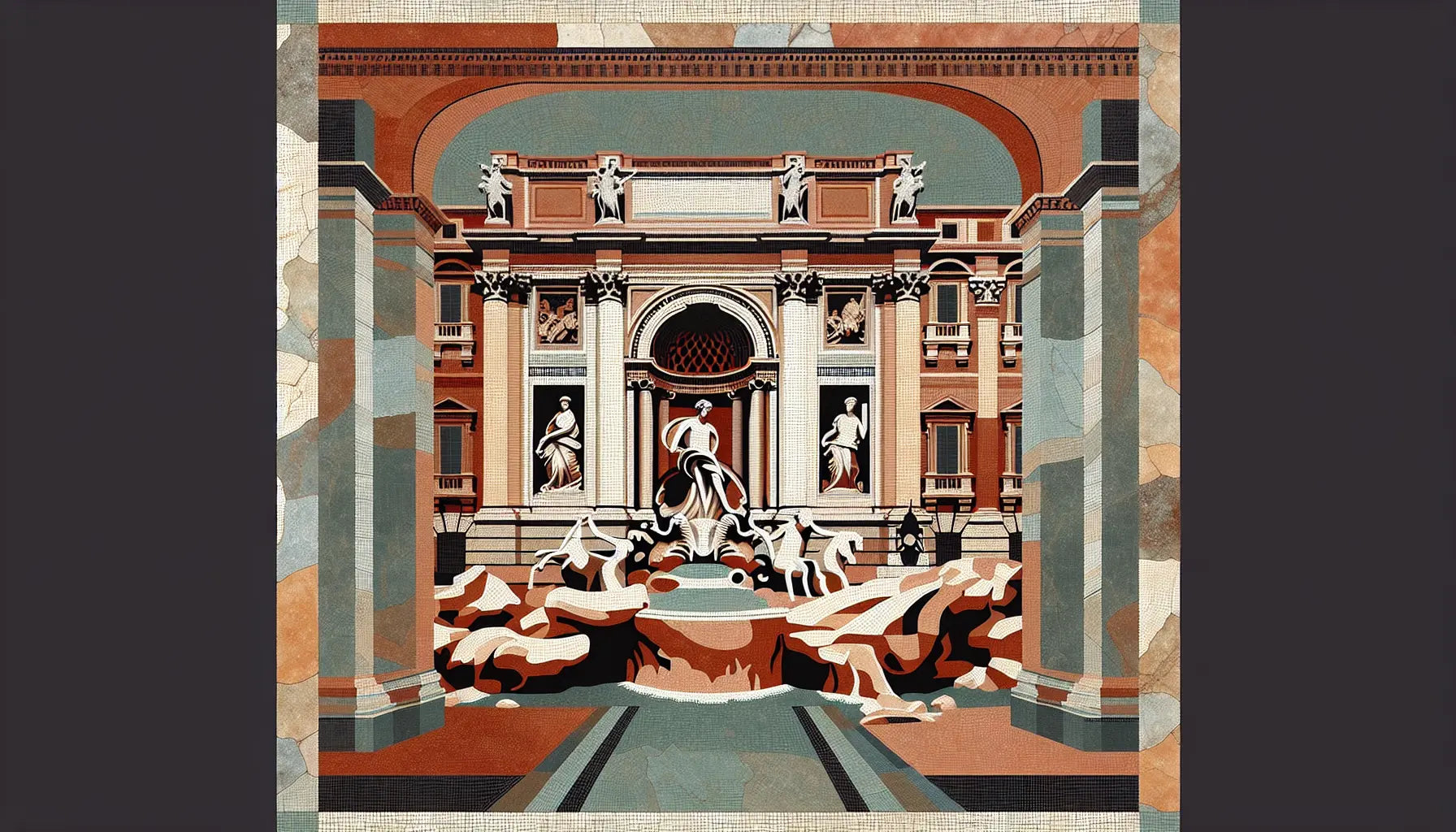 Römisches Bodenmosaik des Trevi-Brunnens bei Dämmerung mit historischer Architektur ohne Menschen