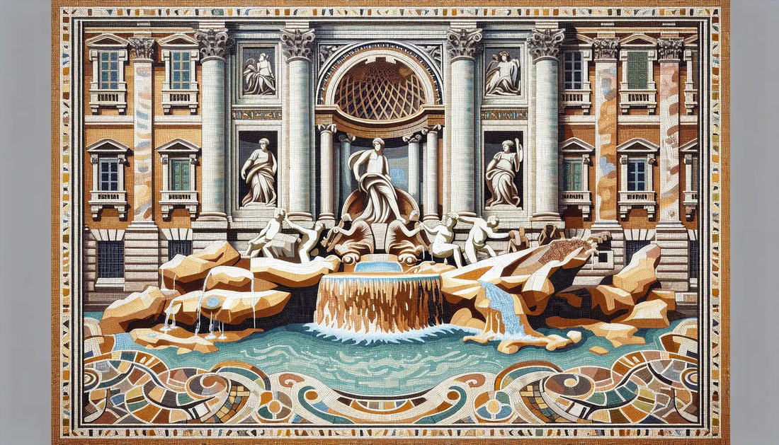 Römisches Bodenmosaik des Trevi Brunnens in Rotbraun Ockerstein Tintenblau mit goldenen Akzenten auf hell strukturiertem Stein