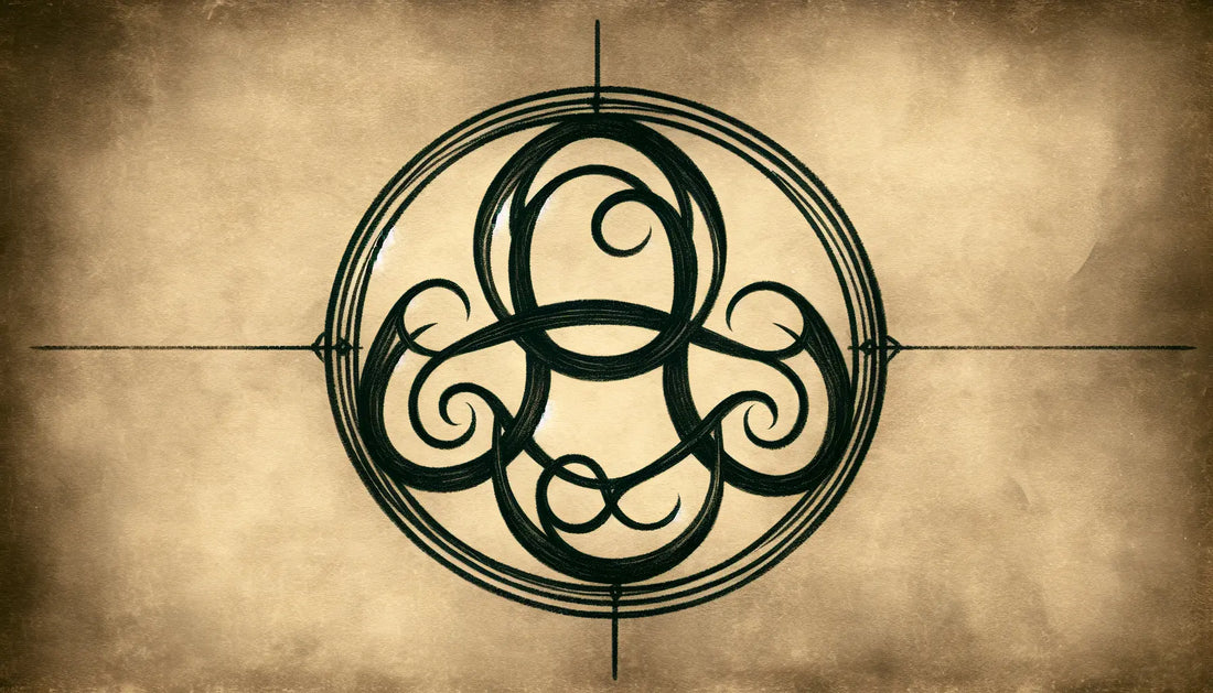 Triskele Symbol als zeichnerische Skizze auf pergamentartigem Papier mit feinen goldenen Akzenten