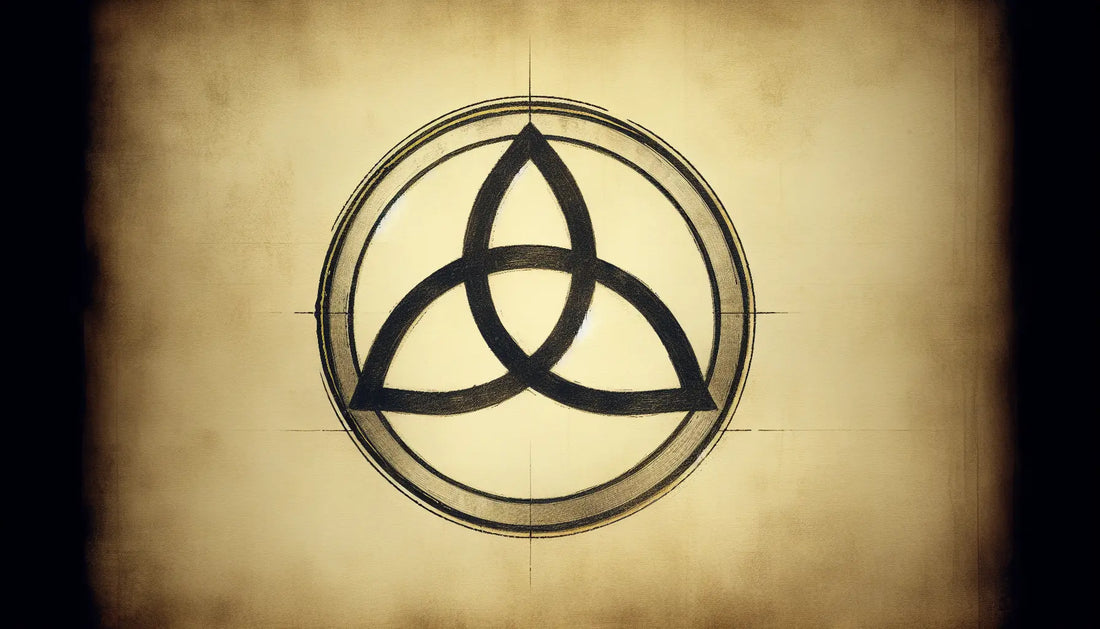 Triskele Symbol graviert auf antikem Stein oder Metall als Bleistiftskizze auf pergamentartigem Hintergrund