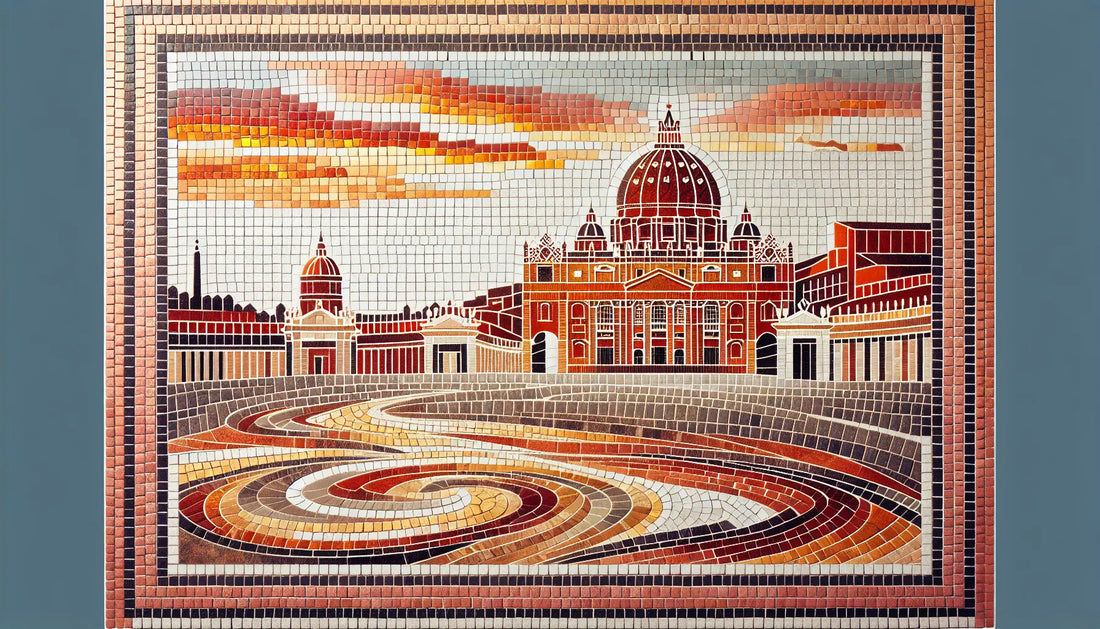Stilisierte Basilica Kuppel in Mosaikoptik mit Terracotta Hintergrund und schwarzen Konturen
