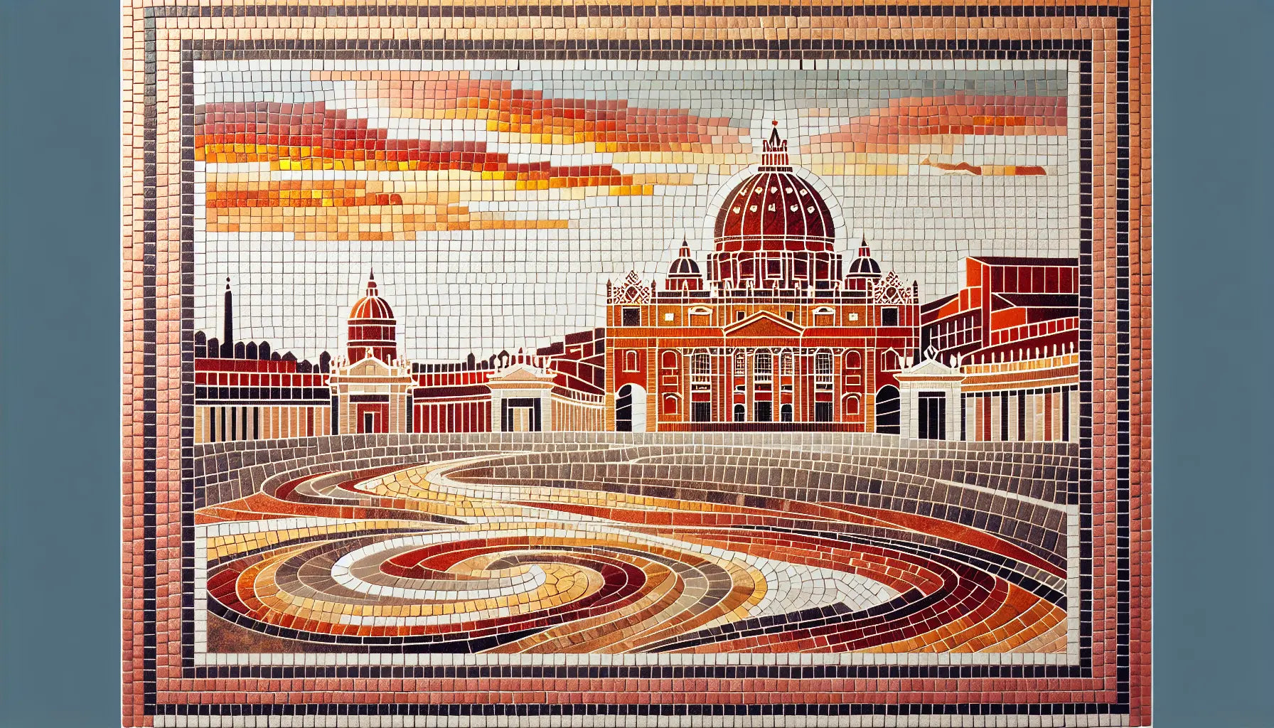 Stilisierte Basilica Kuppel in Mosaikoptik mit Terracotta Hintergrund und schwarzen Konturen