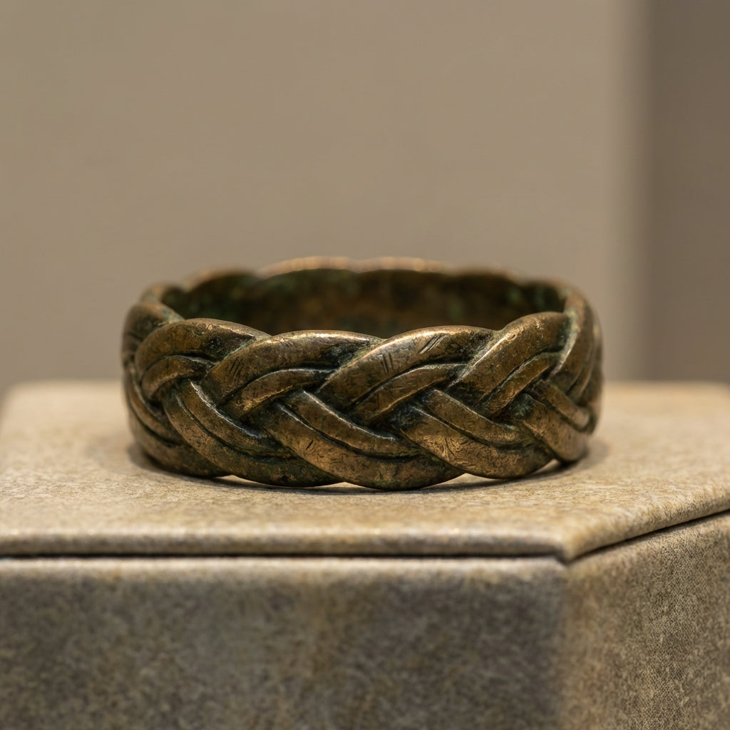 Close up of weathered bronze ancient celtic ring money with shallow braided motif on a neutral Aurora Antiqua background ede7da minimal museum lighting