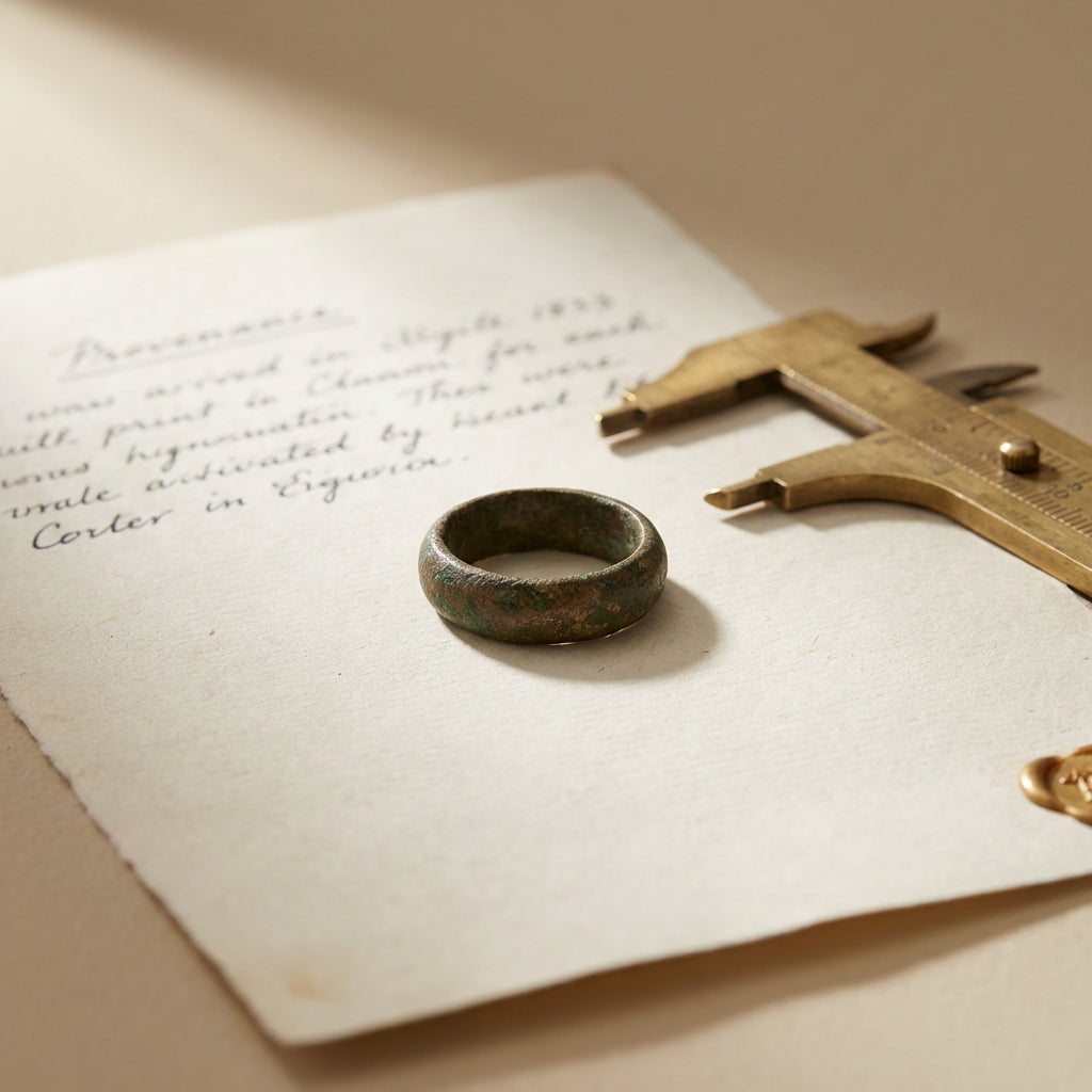 Worn bronze ring on aged cream paper with blurred provenance notes and measuring caliper on warm beige background in Aurora Antiqua style, ancient rings