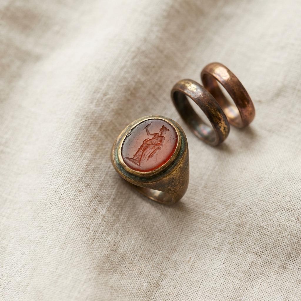 Top down flat lay of three ancient rings on linen background in Aurora Antiqua palette featuring a central intaglio and two simple bands highlighted by soft natural light ancient rings