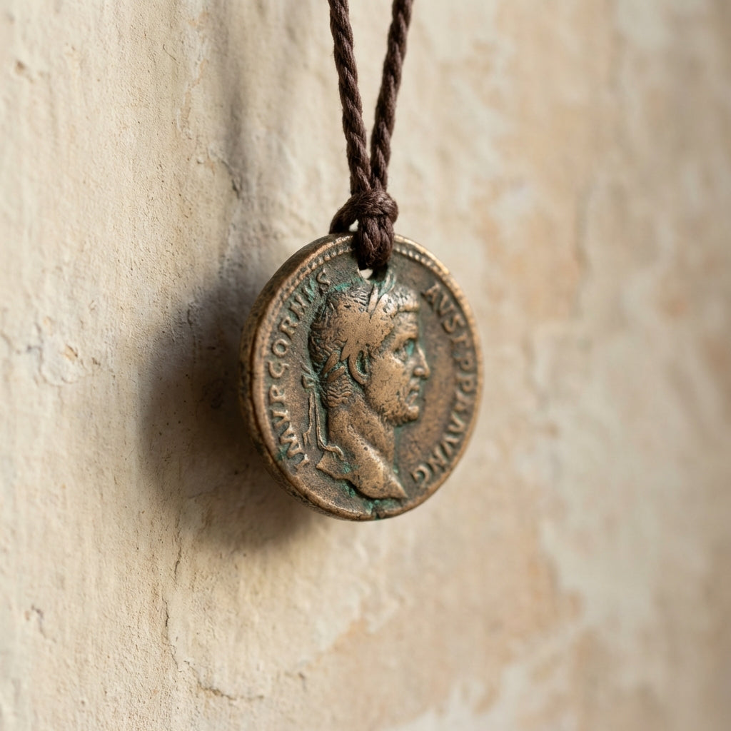 Close up natural light photo of an ancient roman coin necklace on a simple dark cord showing worn patina and edge detail against soft beige background #ede7da
