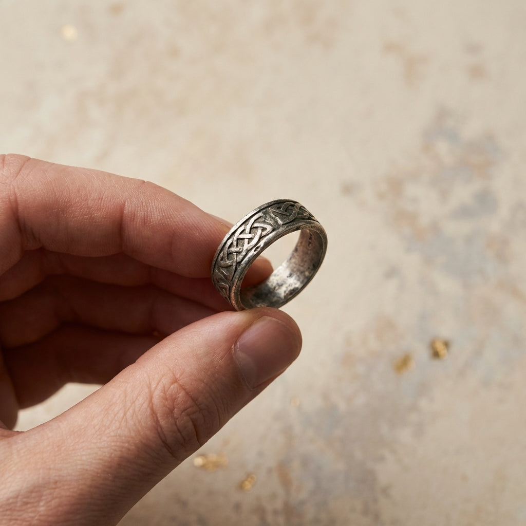 Close minimalist photograph of a hand holding an antique celtic ring showing patina and incised knot motif for antique celtic rings article on a warm textured background #ede7da