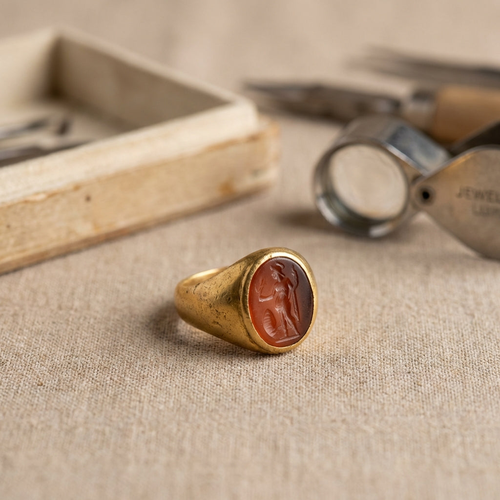 Close even lit photograph of a Roman gold ring with visible patina and carved intaglio on a neutral beige textile with conservation tray and loupe blurred in the background cincin emas roman