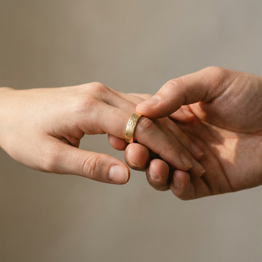 Close up of a right hand receiving a gold egyptian wedding ring finger with subtle scarab engraving on a minimalist neutral background #ede7da showcasing warm natural light and archival texture