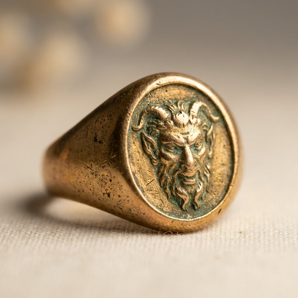 Close up of a patinated faun engraved ring showing carved bezel texture on a neutral #ede7da background in soft warm light