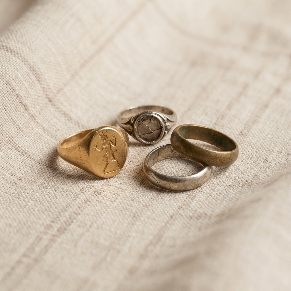 Close up of several antique rings on neutral linen showing varied patinas and worn bezels in Aurora Antiqua style featuring a faun engraved ring