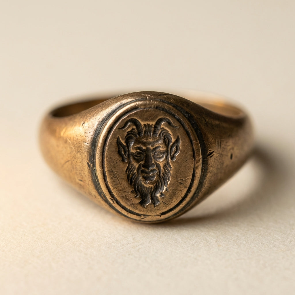 Close up of a worn intaglio bezel on a faun engraved ring showing carved faun motif and warm patina with soft side lighting minimalist full frame