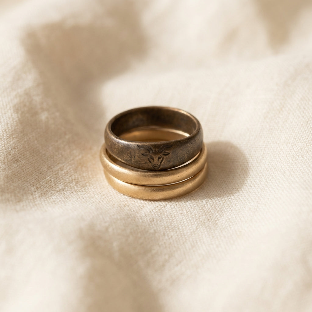 Close view of stacked wedding bands with a worn bronze faun engraved ring on neutral linen background in minimalist Aurora Antiqua style