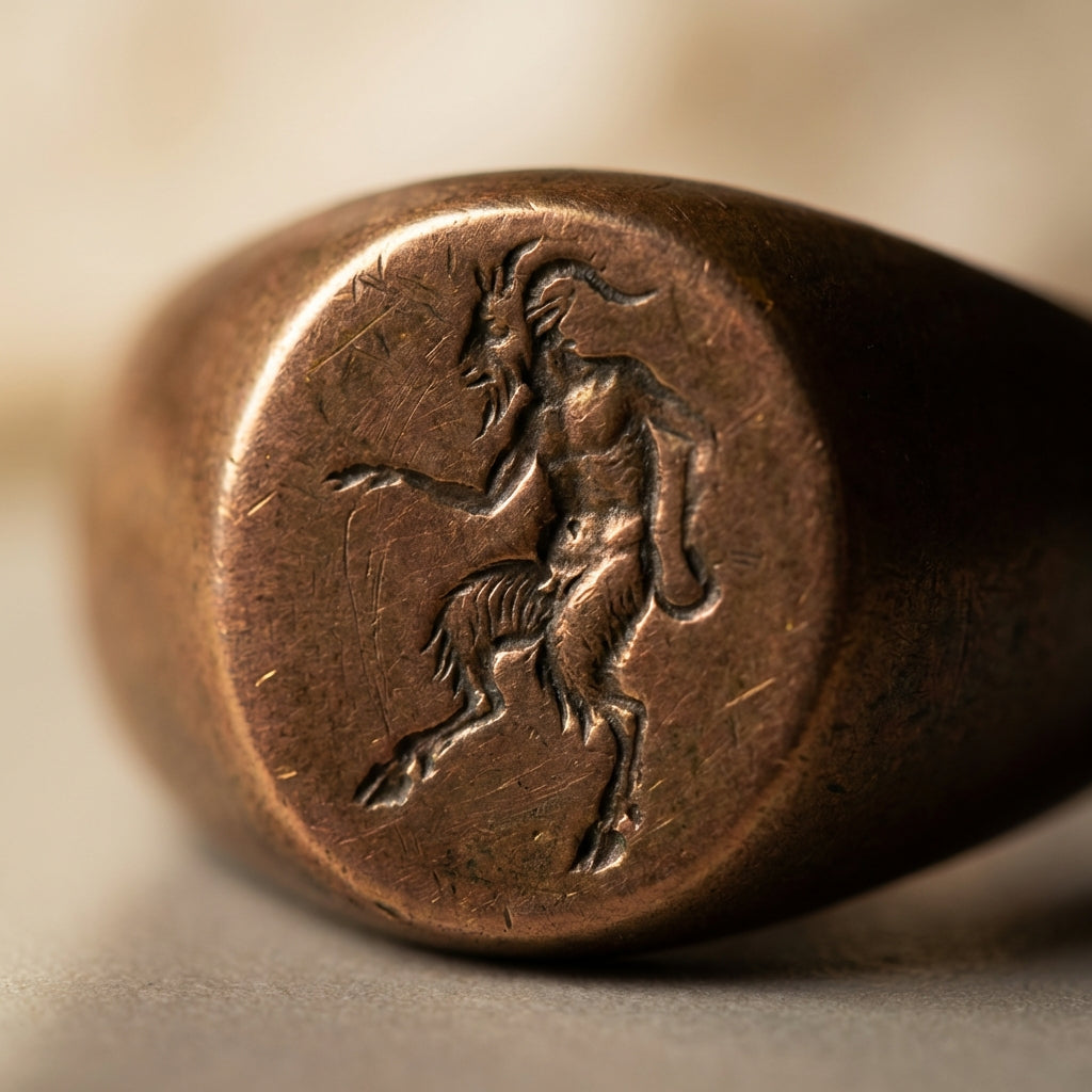 Macro close up of faun engraved ring bezel in ancient bronze showing worn patina and tool marks on a minimalist sand background #ede7da under soft studio lighting