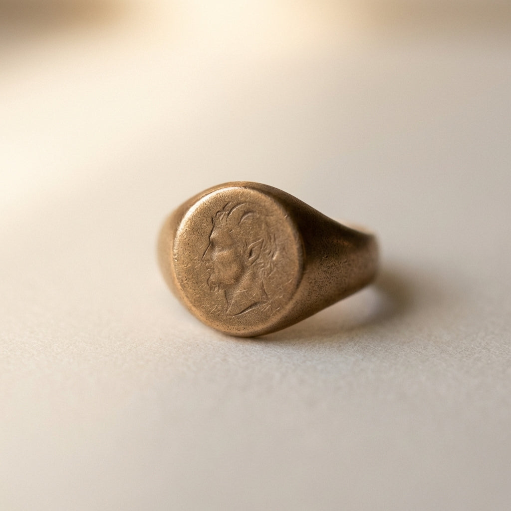 Close crop of a bronze faun engraved ring bezel with textured patina and soft warm light on a beige background faun engraved ring