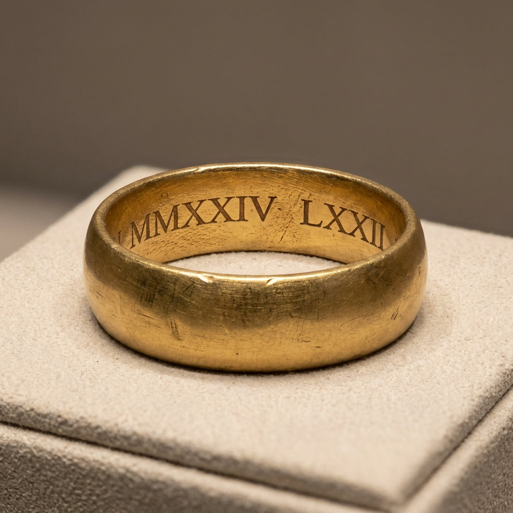 gold roman numeral ring close up showing worn inner shank engraving on neutral #ede7da background under soft museum lighting minimal composition