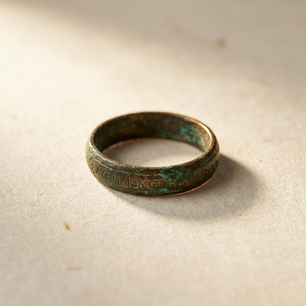 Close up photo of a medieval bronze ring on archival paper showing patina and inscriptions centered on a minimalist beige background