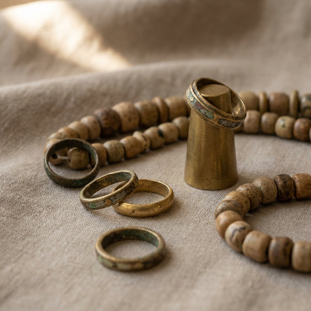 Close up minimalist display of ancient rings and beads on neutral linen with soft directional light highlighting patina and texture roman glass jewelry amazon