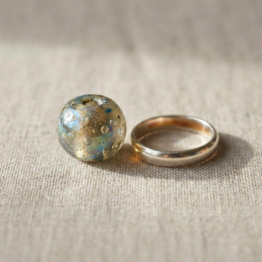 Close up of a small Roman glass bead and silver ring on neutral linen showing iridescence and entrapped bubbles roman glass jewelry