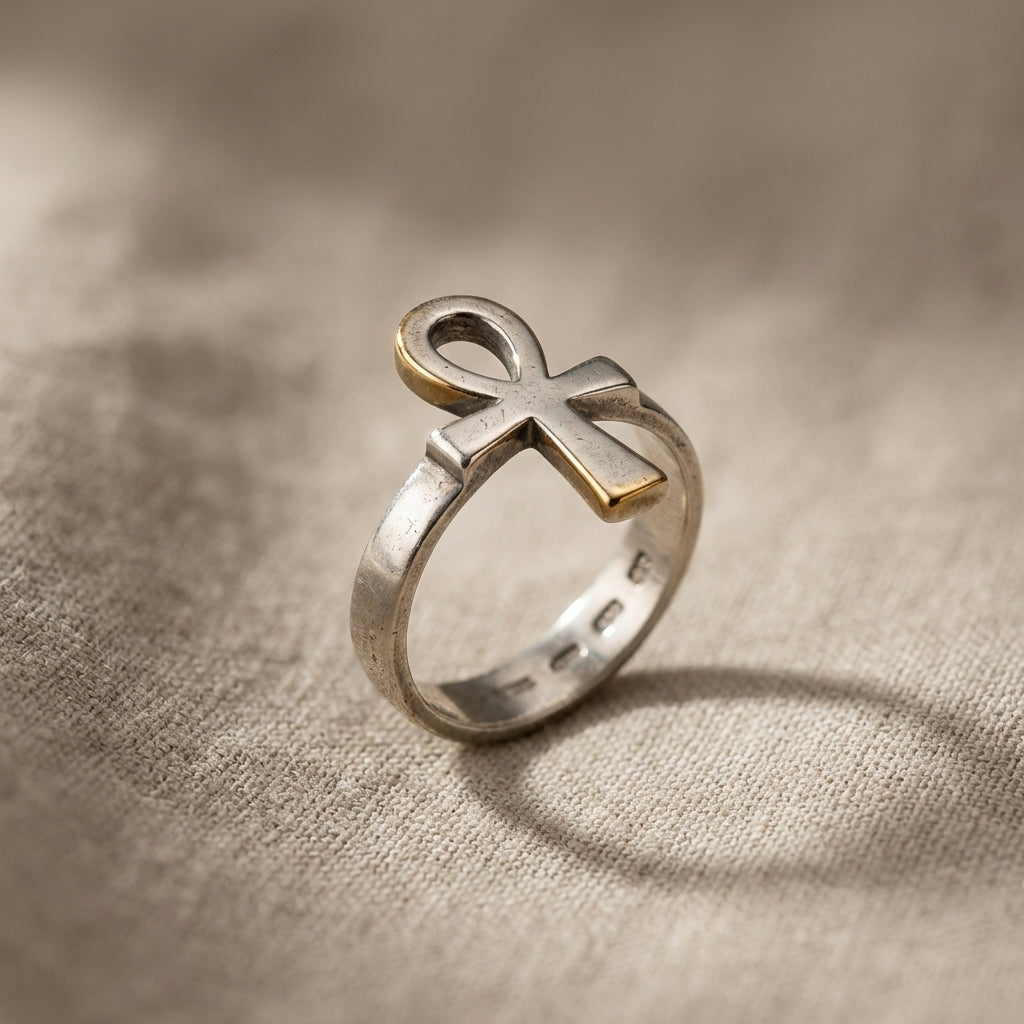 Sterling silver ankh ring on neutral linen with visible patina and hallmarks soft directional light full frame Aurora Antiqua palette