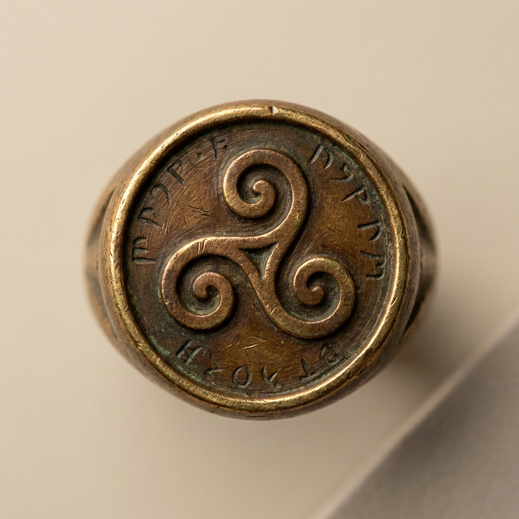 Close overhead macro photo of an ancient triskelion ring bezel on a neutral background ede7da showing patina, engraved letter traces and warm gold accents triskelion ring meaning