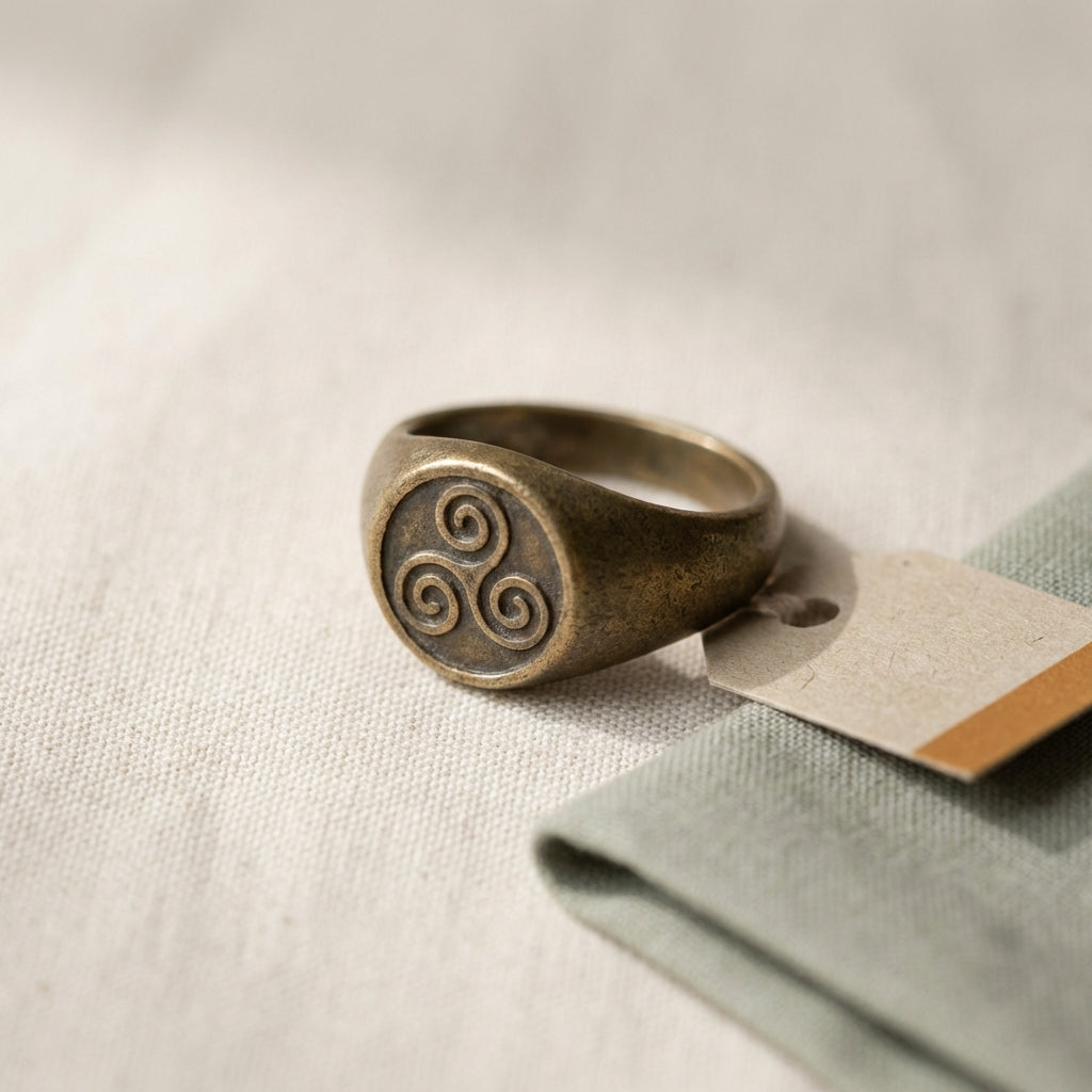 Studio photograph of an ancient bronze triskelion ring on a neutral ede7da background with a small provenance tag beside it focused on triskelion ring meaning