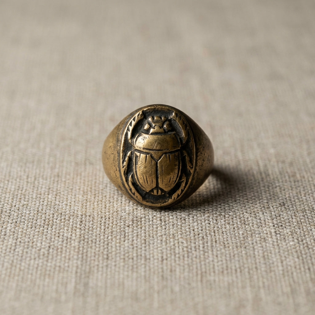 Close up of vintage egyptian ring scarab bezel on neutral linen background with soft directional light revealing patina and tool marks minimalist Aurora Antiqua aesthetic background color #ede7da